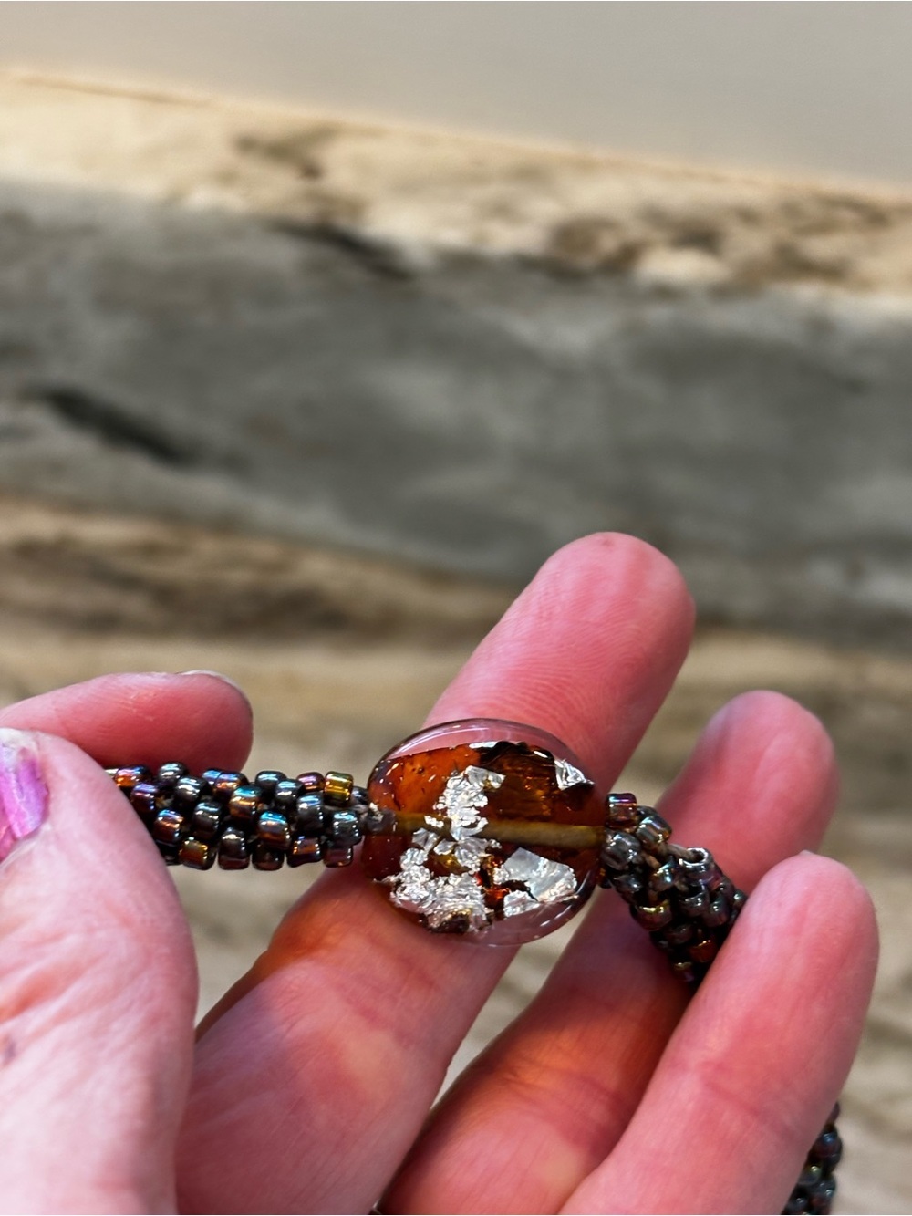 Handcrafted Brown Glass Bead Necklace with Amber Focal Pendant - Picture 8 of 9